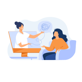 Illustration d’une femme assise dans un fauteuil échangeant avec une femme à distance sur l’ordinateur